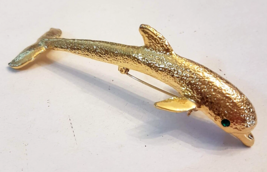80s VTG Gold Plated Dolphin Shoulder Brooch 4&quot; Green Rhinestone Eyes Curved Pin - £19.79 GBP
