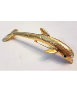 80s VTG Gold Plated Dolphin Shoulder Brooch 4&quot; Green Rhinestone Eyes Cur... - £19.78 GBP