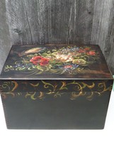 Large Vtg Hand Painted Writing Document Storage Box Desk Wood Floral W Insert - £163.11 GBP