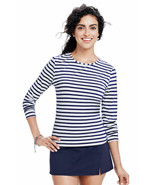 Lands End Women&#39;s Swim Tee Rash Guard White/Deep Sea Stripe New - $624.45 MXN