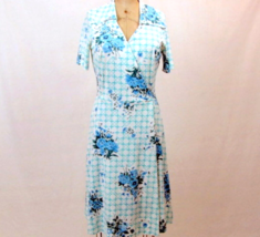 Vintage 70s Womens Wrap Dress Medium Blue Floral Knit Hand Made Short Sleeves - £26.48 GBP