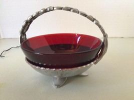 Beautiful Ruby Red Bowl / Dish in a Detailed Metal Basket 4.5&quot; Candy Nut - $14.85