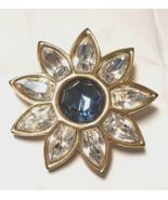 Vintage S.A.L. Signed Gold Tone Swarovski &amp; Aqua Crystal Flower 18 KGP B... - £37.65 GBP