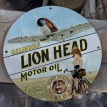 Vintage Gilmore Lion Head &#39;&#39;Higher Gravity&#39;&#39; Motor Oil Porcelain Gas &amp; Oil Sign - £99.05 GBP