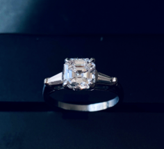 1.71 Asscher Cut FL Moissanite Three Stone Engagement Ring 14k White Gold Plated - £122.29 GBP