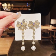 Elegant Bow Pearl Tassel Long Dangle Drop Earrings for Women - £7.98 GBP