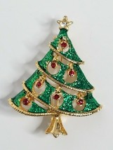 Christmas Tree Red Rhinestone Ornaments Star Vintage Gold Tone Brooch Pin - £10.26 GBP