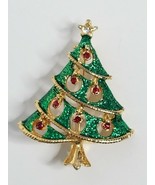 Christmas Tree Red Rhinestone Ornaments Star Vintage Gold Tone Brooch Pin - £10.35 GBP
