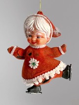 VTG Christmas Ornament Red Flocked Skating Mrs Santa Claus - £11.19 GBP