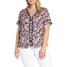 Hinge Women&#39;s Pullover V-Neck Navy Floral Blouse Top High Low Lace Trim ... - £19.73 GBP