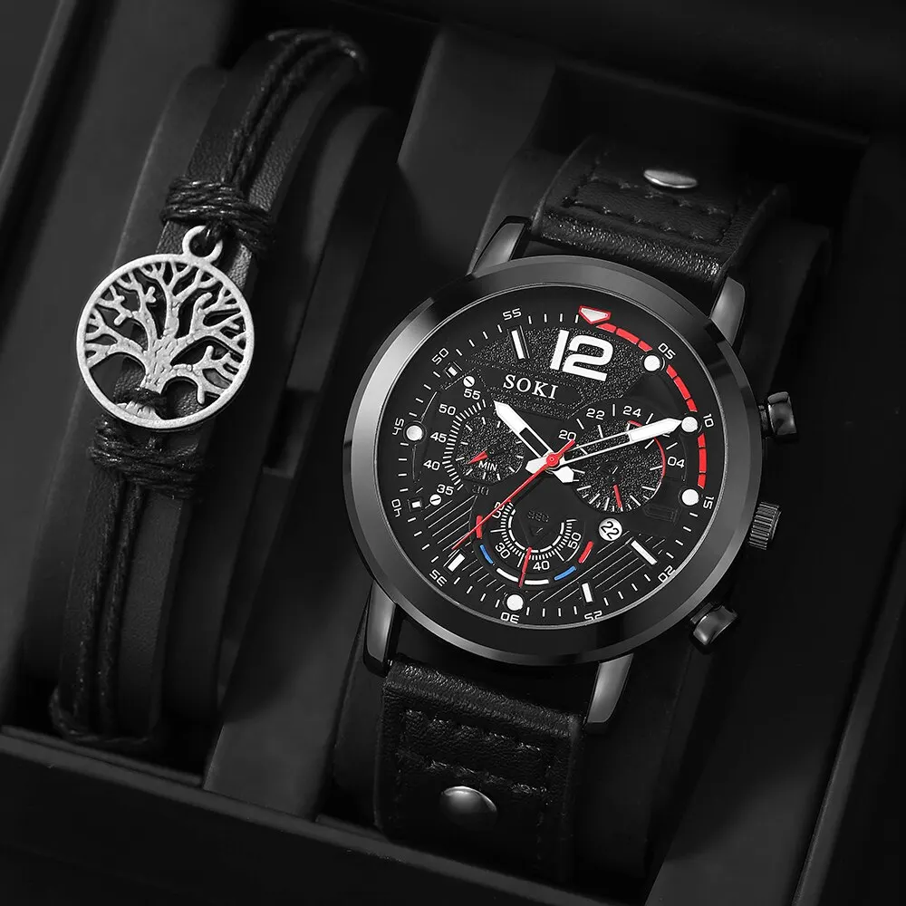 2pc Men Black Watch With Leather celet Fashion  Black Leather Watch Life Tree Le - £80.22 GBP