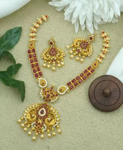 Indian Bollywood Ethnic Yellow Gold Red CZ Choker Necklace Jewelry Earring Set - £25.22 GBP