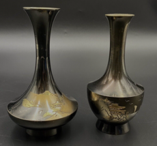 Vintage Brutalist Japanese Chokin Black/Bronze Etched Mount Fuji Bud Vases-6&quot; - £15.17 GBP