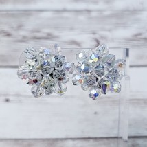 Vintage Clip On Earrings 1 &amp; 1/8&quot; Clear &amp; Iridescent Beads Cluster - $13.99