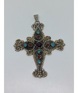 Vintage Sterling Silver 925 Large Mexico Amethyst Turquoise Coral Cross ... - $59.99