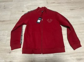 True Religion Men’s Logo Trim Track Jacket Full Zip Fleece Red Dahlia NW... - $59.40