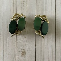 Vintage Estate Faux Jade Green 2 Stone Gold Tone Clip Earrings  - £7.56 GBP