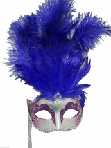 Purple Silver Stick Venetian Masquerade Mardi Gras Feather Mask - £20.34 GBP