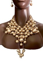 Champagne Light Brown  Faux Pearl Statement  Bib Necklace Earrings Jewelry Set - £44.18 GBP
