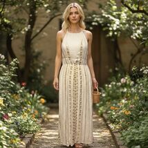 RAGA Zaylee Halter Dress Women’s Size Small Off White Gold Metallic Thread - $85.49