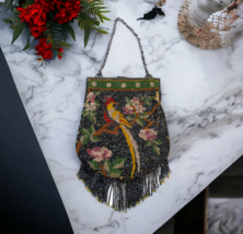 Large Glass Beaded Pheasant Bird Pictoral Floral Seed Bead Mesh Bag Frin... - £293.07 GBP