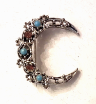 Gerry&#39;s Crescent Moon Textured Pin Silver tone Rhinestone Blue Cabochon Brooch - £14.03 GBP