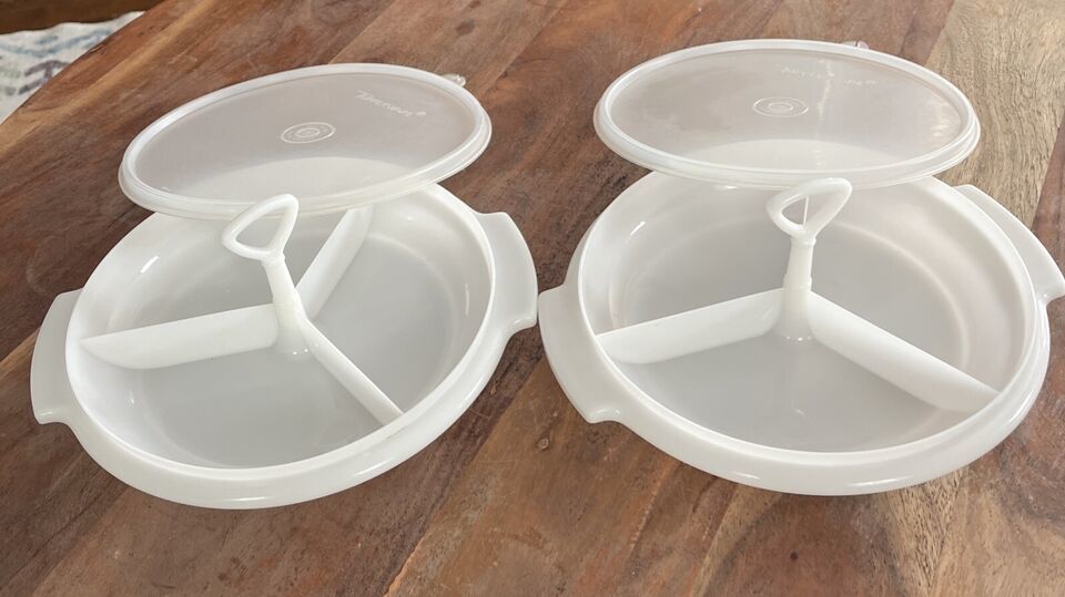 Set Of 2 Tupperware 608 White 3 Section Compartment Tray 8&quot;x1.25&quot; &amp; Seal... - $14.03