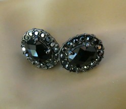 Monet Clip Earrings Luxury Gun Metal Gray Black Rhinestones .5" High Open Work - $17.99