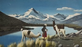 Vintage Signed Bolivian Oil Painting Llamas Los Andes Mountains Bolivia,... - $151.80