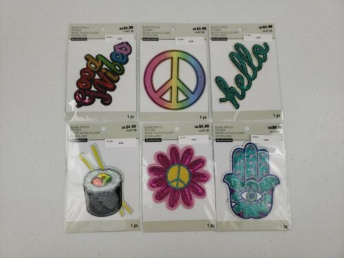 Primary image for LOT OF 6 Bling Patches Stickers Good Vibes Peace Sign Hello Sushi Flower Eye