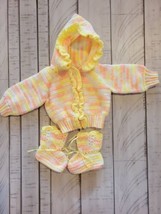 Vintage Hand Crocheted Yellow Pink Baby Doll Newborn Hooded Sweater &amp; Bo... - $14.85