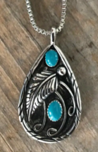 Vintage Boho Southwest Style Pendant Necklace Faux Turquoise &amp; Feather Design - £8.02 GBP