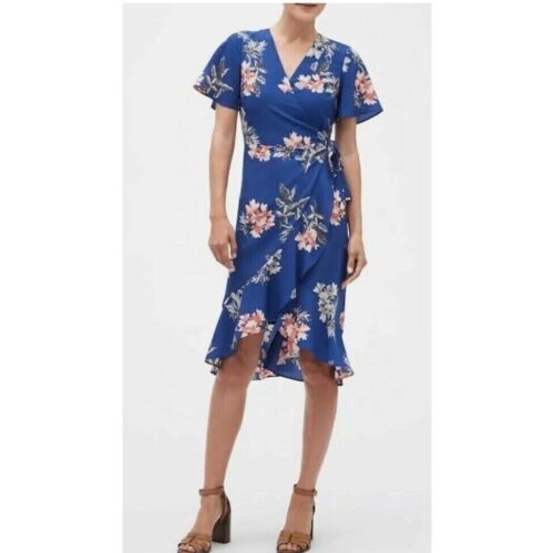BANANA REPUBLIC Blue White Pink Floral Wrap V-Neck Tie Waist Midi Dress ... - $33.87