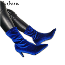 Royal Blue Velvet Kitten Heel Booties For Women Ankle High Stilettos Long Pointe - £130.90 GBP