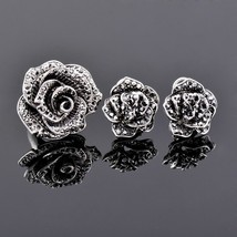 SINLEERY Luxury Vintage Jewelry Black Crystal Flower Earrings Ring Set For Women - £11.02 GBP