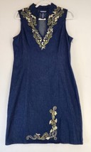 Forenza Dress Womens 12 Blue Denim Gold Floral Embroidered Vintage Knee Length - £31.64 GBP