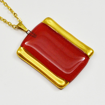 Necklace - pendant handmade painted red with gold, rectangle - £19.03 GBP