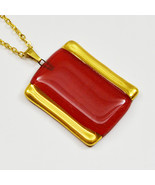 Necklace - pendant handmade painted red with gold, rectangle - $23.90