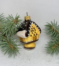 Hut yellow and brown with white glitter glass Christmas handmade ornament, XMAS - £11.45 GBP