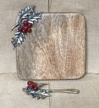 Mud Pie Pewter &amp; Wood Holly Berry Square Charcuterie Board w Cheese Spreader - $29.70