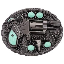 Silver Metal Men Western Belt Buckle Revolver Pistol Gun Feather Bull Turquoise - £8.40 GBP