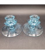 Two Beautifully Etched Fostoria June Blue/Azure Candlestick Candle Holde... - $81.22 CAD