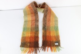 Vintage 70s Mid Century Modern MCM Mohair Wool Rainbow Checkered Fringed... - $54.40