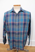 Vtg Arrow Sport L Blue Check Plaid Long Sleeve Button Front Shirt - £14.70 GBP