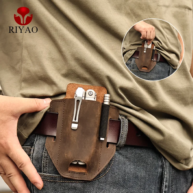 RIYAO Genuine Leather Multitool Holder Plier Sheath Waist Belt Bag Outdoor - £17.60 GBP