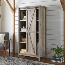 Country Farmhouse Tall Storage Cabinet Sliding Barn Door Buffet, Rustic Gray - £273.91 GBP