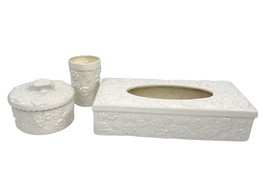 Vintage 60s/70s White Flower Bathroom Set Cup Tissue Box Cover Canister Storage - £43.51 GBP