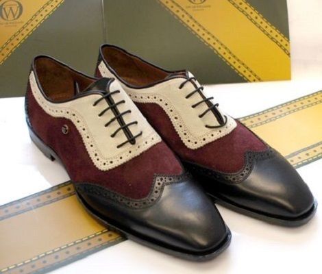 Handmade Black Beige Burgundy Leather Suede Wing Tip Shoes, Men's Lace Up Shoes