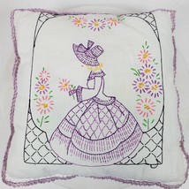 Vintage Hand Crafted Embroidery Lavender Girl Throw Pillow 12x13 Inch - $22.44