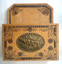 antique ARTS CRAFTS CUTLERY BOX carved wood BRASS plate tacks nails STURDY - £54.69 GBP